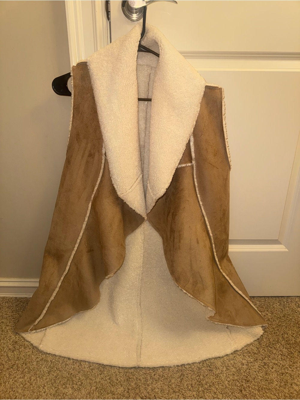 Long Tan Faux Suede Faux Fur Sherpa Lined Vest Boho Western